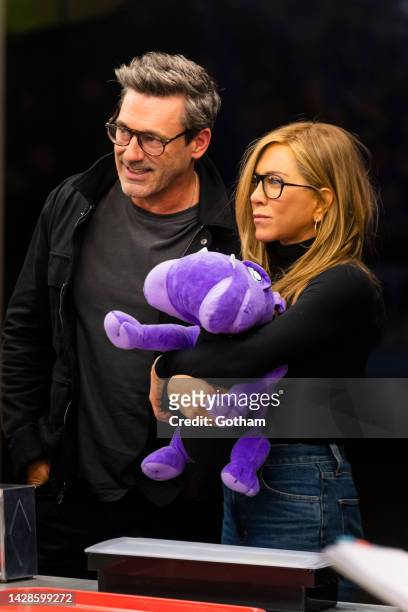 Jon Hamm and Jennifer Aniston are seen filming "The Morning Show" at Coney Island on September 28, 2022 in New York City.