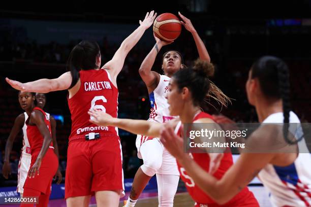 Arella Guirantes of Puerto Rico shoots during the 2022 FIBA Women's Basketball World Cup Group Canada match between Puerto Rico at Sydney Superdome,...