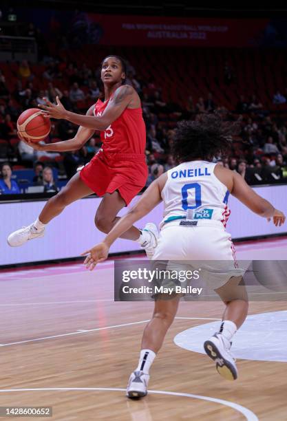 Shay Colley of Canada shoots over Jennifer O'Neill of Puerto Rico during the 2022 FIBA Women's Basketball World Cup Group Canada match between Puerto...