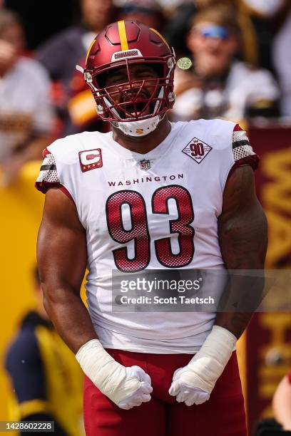Jonathan Allen of the Washington Commanders takes the field before the game against the Philadelphia Eagles at FedExField on September 25, 2022 in...