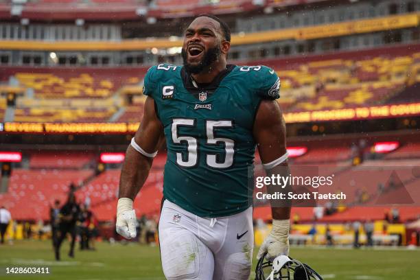 Brandon Graham of the Philadelphia Eagles celebrates after the game against the Washington Commanders at FedExField on September 25, 2022 in...