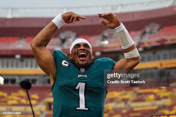 Jalen Hurts of the Philadelphia Eagles celebrates after the game against the Washington Commanders at FedExField on September 25, 2022 in Landover,...
