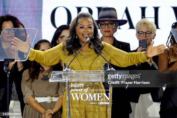Oprah Winfrey accepts an award onstage during Variety's Power of Women presented by Lifetime at Wallis Annenberg Center for the Performing Arts on...