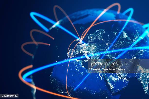 global communication network (world map credit to nasa) - mundial fotografías e imágenes de stock