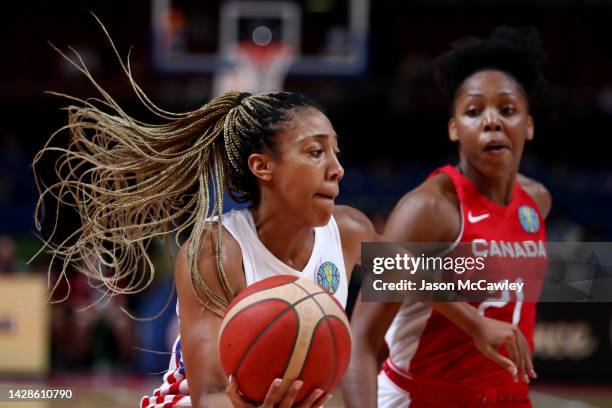 Arella Guirantes of Puerto Rico drives to the basket during the 2022 FIBA Women's Basketball World Cup Group Canada match between Puerto Rico at...