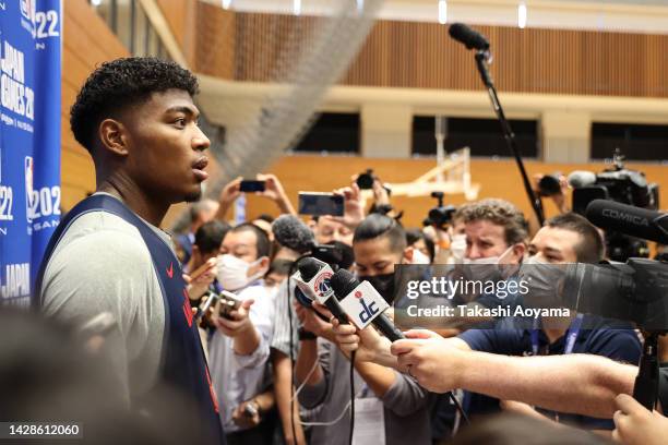 Rui Hachimura of the Washington Wizards speaks to the media during the NBA Japan Games Team Practice on September 29, 2022 in Tokyo, Japan.