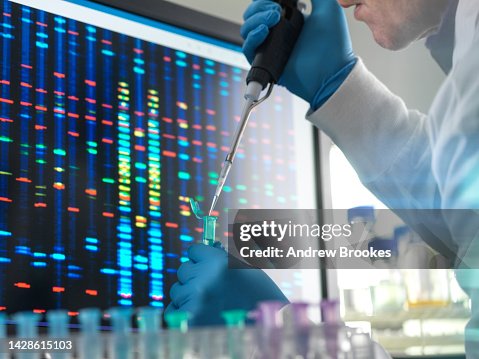 Scientist pipetting a DNA sample into a vial ready for testing Scientist pipetting a DNA sample into a vial ready for testing