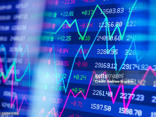 performance of stock shares on screen - koersinformatie stockfoto's en -beelden