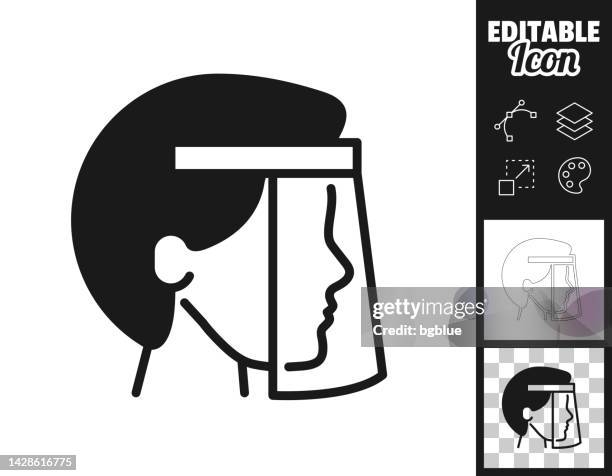 ilustrações, clipart, desenhos animados e ícones de pessoa com protetor médico protetor escudo facial. ícone para design. facilmente editável - viseira