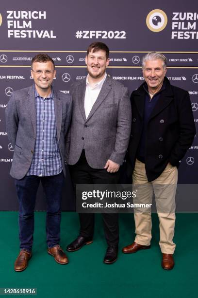 John McKenna, Thomas Cotton and Sep Cipriano attend the "When The World Watched: Italy 2006" photocall during the 18th Zurich Film Festival at Kino...