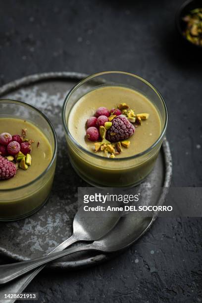 homemade pistachio dessert cream panna cotta - panna cotta imagens e fotografias de stock