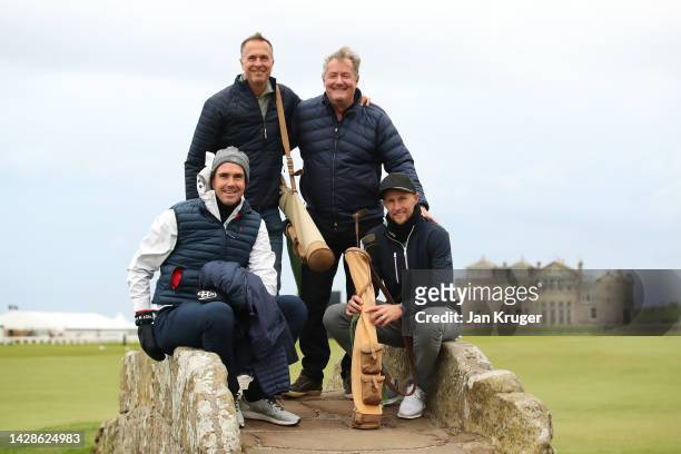 Former England Cricket Captain, Michael Vaughan, Former Cricketer, Kevin Pietersen, Piers Morgan and England Cricketer, Joe Root pose on the Swilcan...