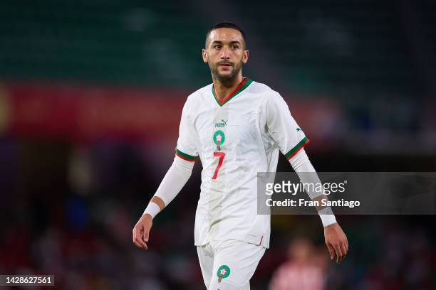 Hakim Ziyech of Morocco looks on during a friendly match between Paraguay and Morocco at Estadio Benito Villamarin on September 27, 2022 in Seville,...