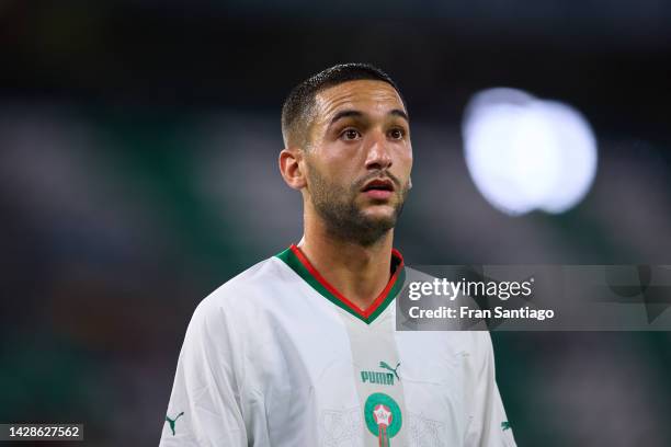Hakim Ziyech of Morocco looks on during a friendly match between Paraguay and Morocco at Estadio Benito Villamarin on September 27, 2022 in Seville,...