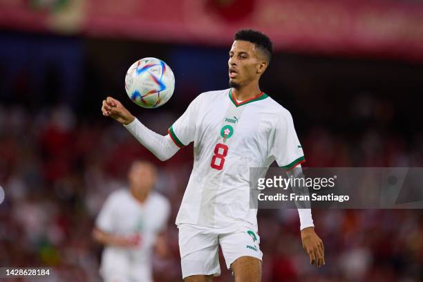 Azzedine Ounahi of Morocco in action during a friendly match between Paraguay and Morocco at Estadio Benito Villamarin on September 27, 2022 in...