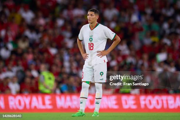 Amine Harit of Morocco looks on during a friendly match between Paraguay and Morocco at Estadio Benito Villamarin on September 27, 2022 in Seville,...