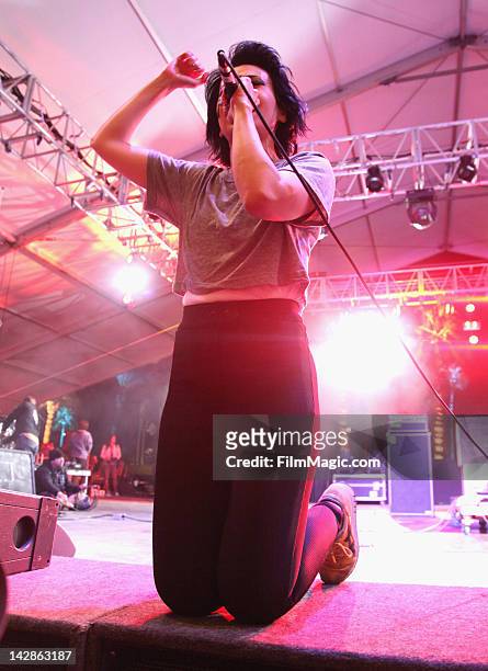 Singer Nic Endo of Atari Teenage Riot performs during Day 1 of the 2012 Coachella Valley Music & Arts Festival held at the Empire Polo Club on April...