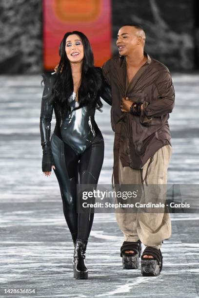 Singer Cher and Fashion designer Olivier Rousteing walk the runway during the Balmain Womenswear Spring/Summer 2023 show as part of the Balmain...