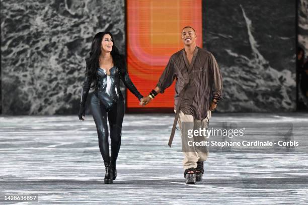Singer Cher and Fashion designer Olivier Rousteing walk the runway during the Balmain Womenswear Spring/Summer 2023 show as part of the Balmain...
