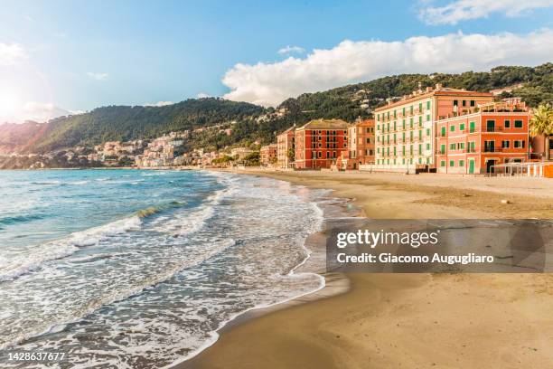 idyllic seaside of laigueglia, savona province, liguria, italy - mediterranean stock-fotos und bilder