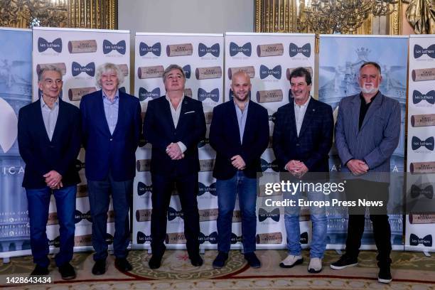 Composer Jorge Maronna , conductor Carlos Lopez Puccio and other members of Les Luthiers, pose during a press conference to present the show 'Gran...