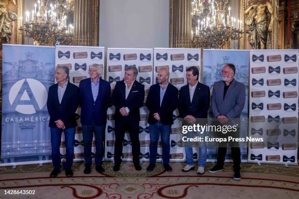 Composer Jorge Maronna , conductor Carlos Lopez Puccio and other members of Les Luthiers, pose during a press conference to present the show 'Gran...