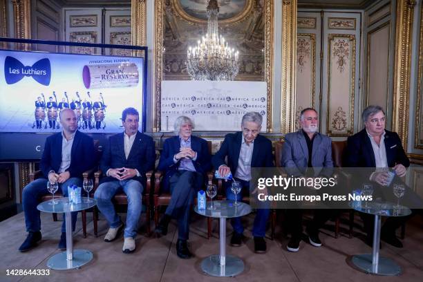 Orchestra conductor Carlos Lopez Puccio ; composer Jorge Maronna and other members of Les Luthiers, during a press conference to present the show...