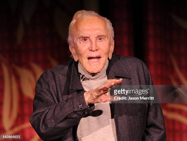 Actor Kirk Douglas speaks onstage during the introduction of the film '20,000 Leagues Under The Sea' at the 2012 TCM Classic Film Festival - Day 1 at...