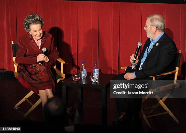 Diana Serra Cary, also know as actress Baby Peggy Montgomery and film critic Leonard Maltin speak onstage following the screening of the film 'Baby...