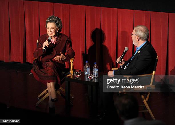 Diana Serra Cary, also know as actress Baby Peggy Montgomery and film critic Leonard Maltin speak onstage following the screening of the film 'Baby...