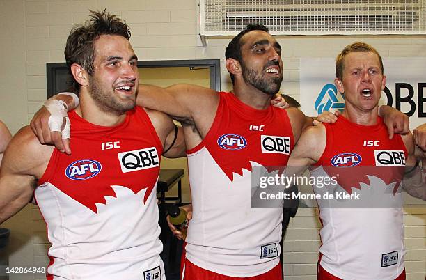 Josh Kennedy, Adam Goodes and Ryan O'Keefe of Sydney celebrate after the round three AFL match between the Port Adelaide Power and the Sydney Swans...