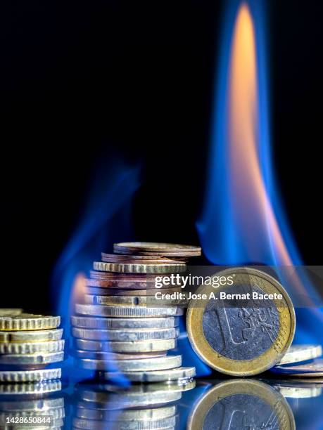 flame produced by natural gas and burning one euro coins, burn money. - kapitalismus stock-fotos und bilder