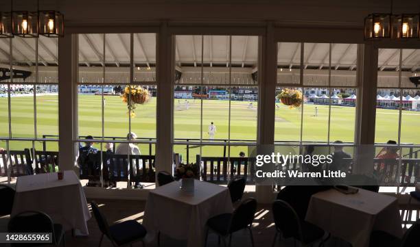 Ajaz Patel of Glamorgan bowls to Tom Haines of Sussex during the LV= Insurance County Championship match between Susssex and Glamorgan at The 1st...