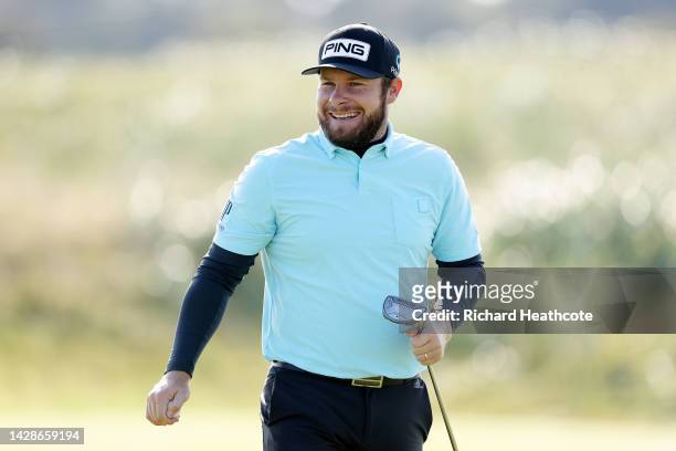Tyrell Hatton of England smiles on the 14th green on Day One of the Alfred Dunhill Links Championship at Carnoustie Golf Links on September 29, 2022...