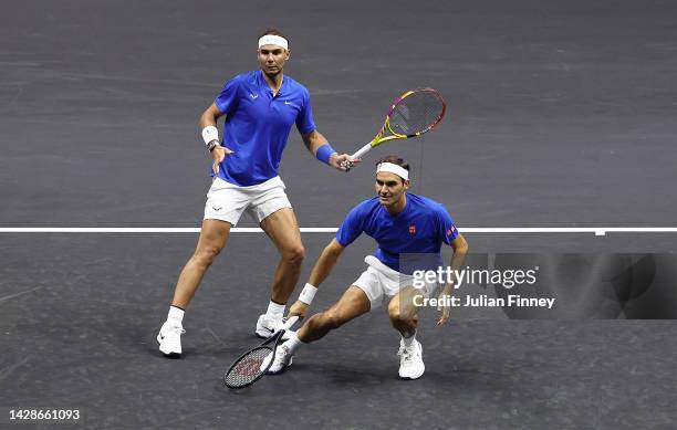 Rafael Nadal and Roger Federer of Team Europe during the doubles match between Jack Sock and Frances Tiafoe of Team World and Roger Federer and...