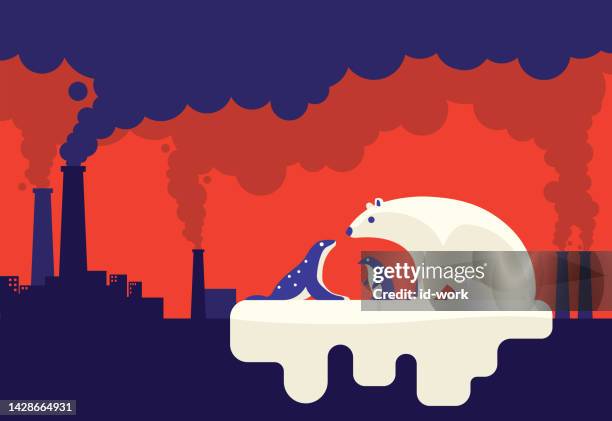 ilustraciones, imágenes clip art, dibujos animados e iconos de stock de oso polar encontrándose con pingüino y foca con chimeneas humeantes de fondo - calentamiento global