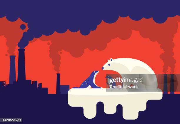 polar bear meeting penguin and seal with smoking chimneys background - pollution 幅插畫檔、美工圖案、卡通及圖標