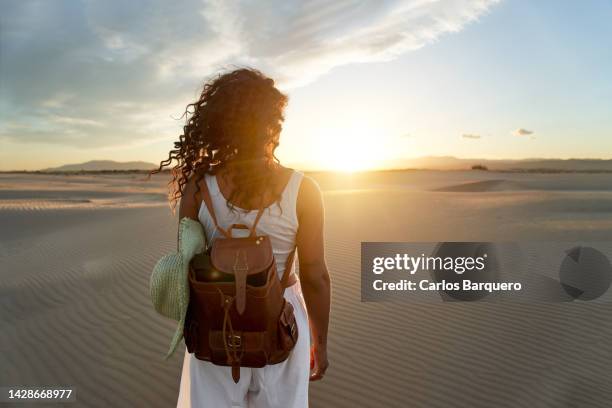 amazing and peaceful photo of sunset at desert with rear view of a young woman looking at it. - itinerant stock-fotos und bilder