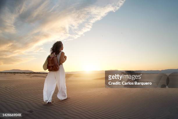 rear view of young black woman walking on sand dune at desert against sky during sunset. - travel fotografías e imágenes de stock