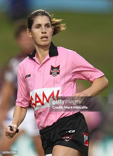 The NRL's first female referee Kasey Badger in action during the round seven Toyota Cup match between the Manly Sea Eagles and the Gold Coast Titans...