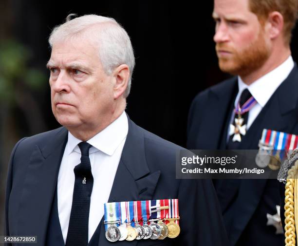 Prince Andrew, Duke of York and Prince Harry, Duke of Sussex attend the Committal Service for Queen Elizabeth II at St George's Chapel, Windsor...