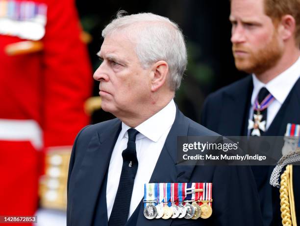 Prince Andrew, Duke of York and Prince Harry, Duke of Sussex attend the Committal Service for Queen Elizabeth II at St George's Chapel, Windsor...