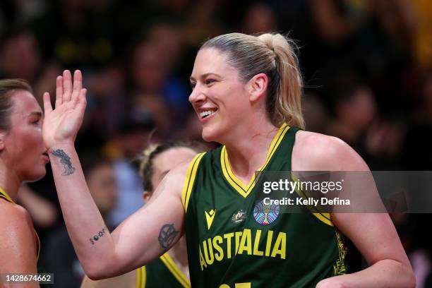 Lauren Jackson of Australia reacts during the 2022 FIBA Women's Basketball World Cup Quarterfinal match between Australia and Belgium at Sydney...