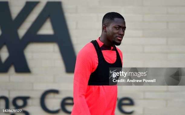 Ibrahima Konate of Liverpool during a training session at AXA Training Centre on September 29, 2022 in Kirkby, England.