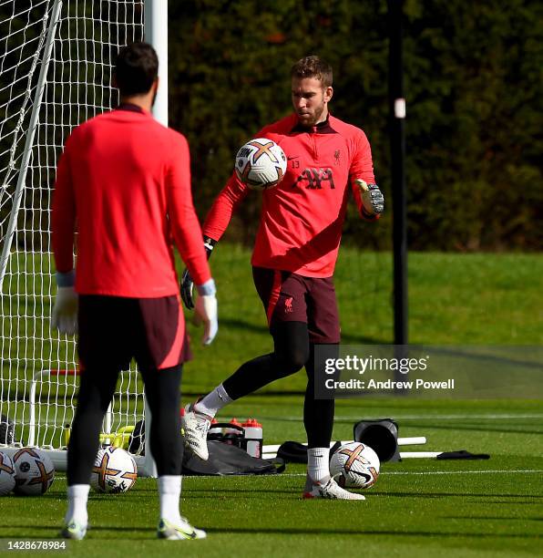 Adrian of Liverpool during a training session at AXA Training Centre on September 29, 2022 in Kirkby, England.