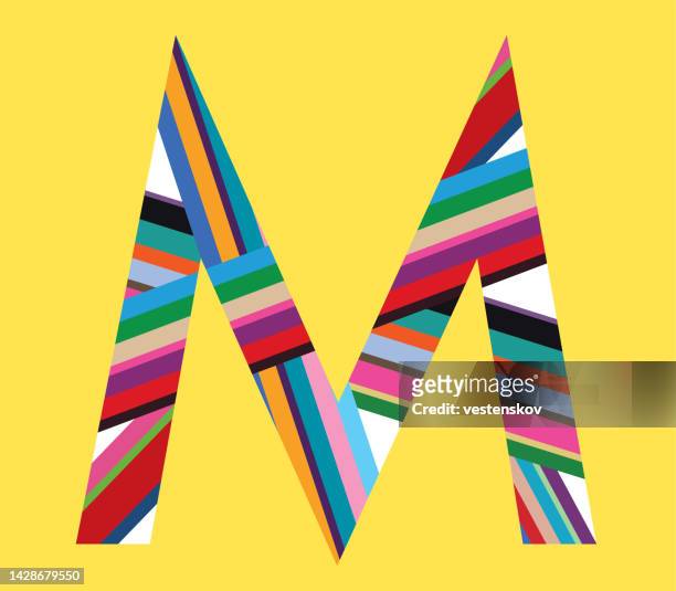 ilustraciones, imágenes clip art, dibujos animados e iconos de stock de rayas de colores contemporáneas gráficos tipografía geométrica alfabetos - letra m