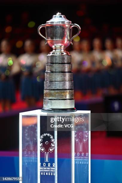 Swaythling Cup trophy is displayed during the opening ceremony of 2022 ITTF World Team Championships Finals at High Technology Zone Sports Center on...