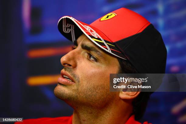 Carlos Sainz of Spain and Ferrari attends the Drivers Press Conference during previews ahead of the F1 Grand Prix of Singapore at Marina Bay Street...