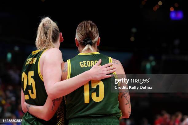 Lauren Jackson of Australia and Cayla George of Australia celebrate victory during the 2022 FIBA Women's Basketball World Cup Quarterfinal match...