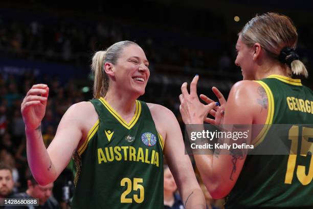Lauren Jackson of Australia and Cayla George of Australia celebrate victory during the 2022 FIBA Women's Basketball World Cup Quarterfinal match...